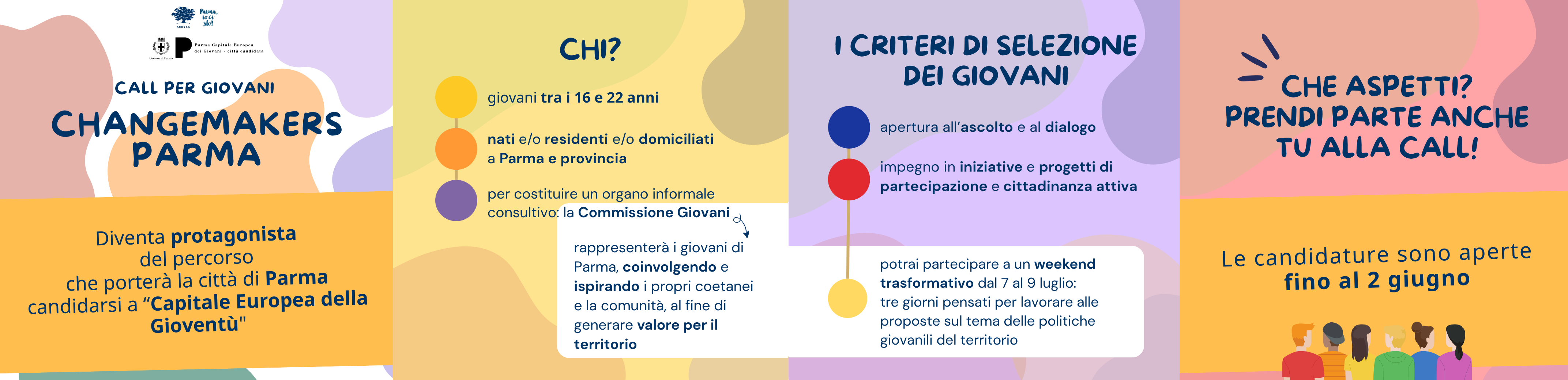 Call per giovani. Changemakers Parma. Diventa protagonista del percorso che porterà la città di Parma candidarsi a "Capitale Europea della Gioventù". Chi?. Giovani tra i 16 e 22 anni, nati e/o residenti e/o domiciliati a Parma e provincia, per costituire un organi informale consultivo: la Commissione Giovani, rappresenterà i giovani di Parma, coinvolgendo o ispirando i propri coetanei e la comunità, al fine di generare valore per il territorio. I criteri di selezione dei giovani. Apertura all'ascolto e al dialogo, impegno in iniziative e progetti di partecipazione e cittadinanza attiva, potrai partecipare a un weekend trasformativo dal 7 al 9 luglio: tre giorni pensati per lavorare alle proposte sul tema delle politiche giovanili del territorio.  Che aspetti? Prendi parte anche tu alla call! Le candidature sono aperte fino al 2 giugno.