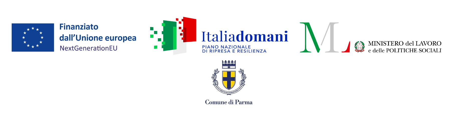 Finanziato dall'Unione Europea NextGenertion EU, Italia domani piano nazionale di ripresa e resilienza, Ministero del lavoro e delle politiche sociali, Comune di Parma